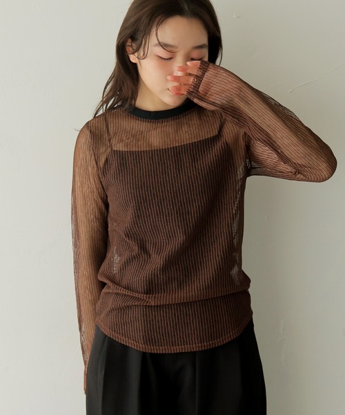 cheriella(シェリエラ)の「【cheriella】シアーストライプトップス SHEER STRIPE TOP(Tシャツ/カットソー・レディース・ブラック/ブラウン/ベージュ・FREE)」の1枚目の写真
