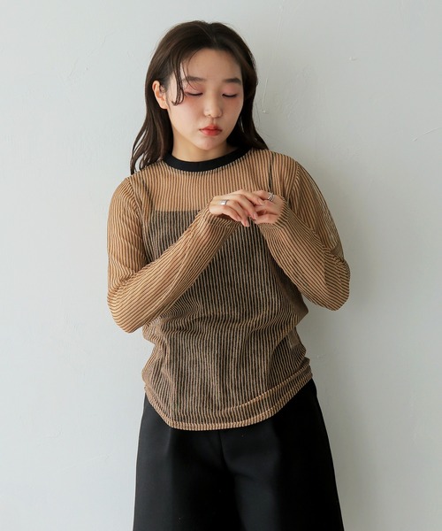 cheriella(シェリエラ)の「【cheriella】シアーストライプトップス SHEER STRIPE TOP(Tシャツ/カットソー・レディース・ブラック/ブラウン/ベージュ・FREE)」の6枚目の写真