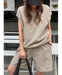 Vネックトップスゴム付きパンツセットアップ