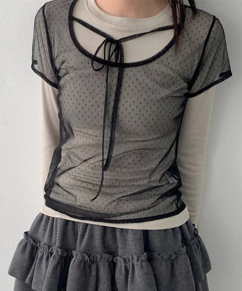 CELENA BEATS(セレナビーツ)の「リボンネック ドット柄 シアー レイヤード トップス(Tシャツ/カットソー・レディース・ブラック/ホワイト・FREE)」の10枚目の写真