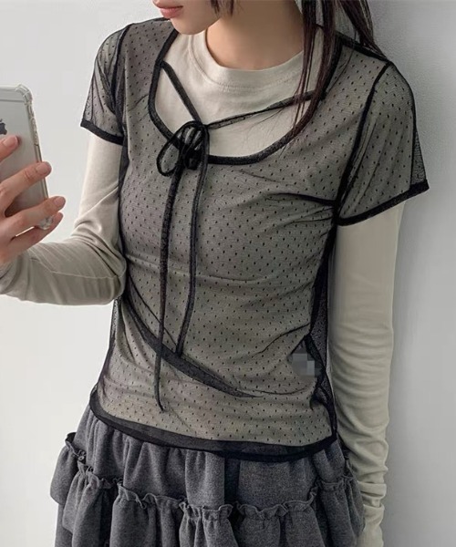 CELENA BEATS(セレナビーツ)の「リボンネック ドット柄 シアー レイヤード トップス(Tシャツ/カットソー・レディース・ブラック/ホワイト・FREE)」の11枚目の写真