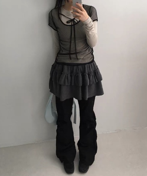 CELENA BEATS(セレナビーツ)の「リボンネック ドット柄 シアー レイヤード トップス(Tシャツ/カットソー・レディース・ブラック/ホワイト・FREE)」の13枚目の写真