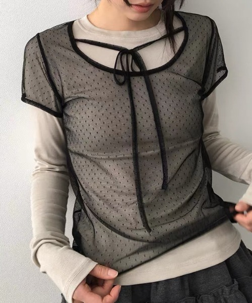 CELENA BEATS(セレナビーツ)の「リボンネック ドット柄 シアー レイヤード トップス(Tシャツ/カットソー・レディース・ブラック/ホワイト・FREE)」の14枚目の写真