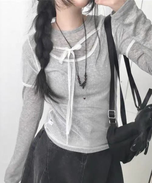 CELENA BEATS(セレナビーツ)の「リボンネック ドット柄 シアー レイヤード トップス(Tシャツ/カットソー・レディース・ブラック/ホワイト・FREE)」の3枚目の写真