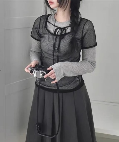 CELENA BEATS(セレナビーツ)の「リボンネック ドット柄 シアー レイヤード トップス(Tシャツ/カットソー・レディース・ブラック/ホワイト・FREE)」の15枚目の写真