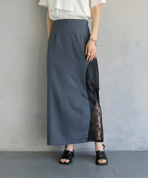 &g'aime（アンジェム）の「【&ｇ'aime 】カーブレース切替タイトスカート　Curved Lace Panel Tight Skirt（スカート・レディース・ブラック/チャコールグレー・FREE）」の3枚目の写真