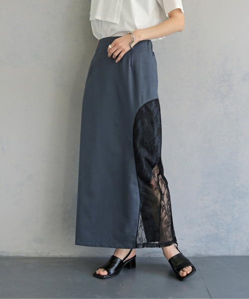 &g'aime（アンジェム）の「【&ｇ'aime 】カーブレース切替タイトスカート　Curved Lace Panel Tight Skirt（スカート・レディース・ブラック/チャコールグレー・FREE）」の4枚目の写真