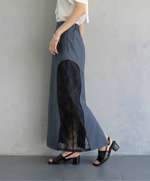 &g'aime（アンジェム）の「【&ｇ'aime 】カーブレース切替タイトスカート　Curved Lace Panel Tight Skirt（スカート・レディース・ブラック/チャコールグレー・FREE）」の5枚目の写真