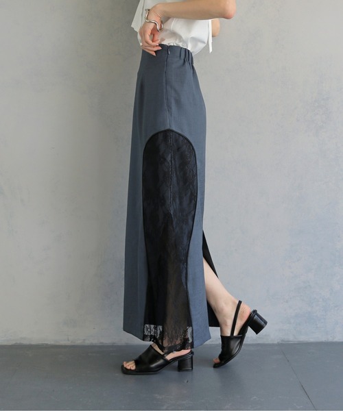 &g'aime（アンジェム）の「【&ｇ'aime 】カーブレース切替タイトスカート　Curved Lace Panel Tight Skirt（スカート・レディース・ブラック/チャコールグレー・FREE）」の6枚目の写真