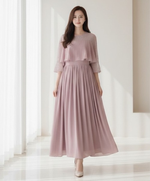 center i(センターアイ)の「【結婚式・二次会】レーススリーブシフォンロングドレス(ドレス・レディース・ピンク/ブラック/ネイビー・FREE)」の3枚目の写真