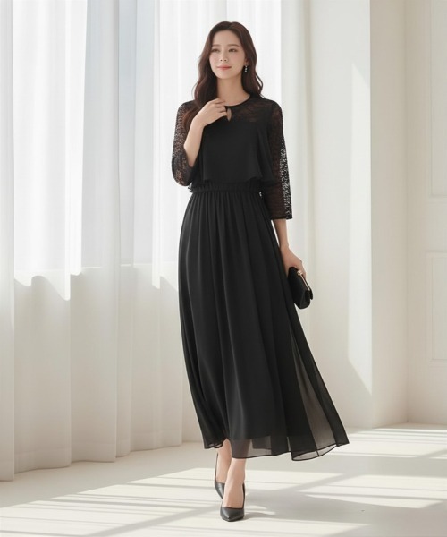 center i(センターアイ)の「【結婚式・二次会】レーススリーブシフォンロングドレス(ドレス・レディース・ピンク/ブラック/ネイビー・FREE)」の7枚目の写真