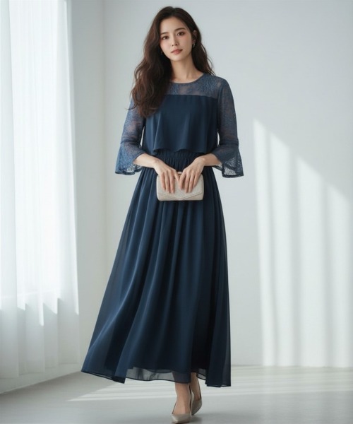 center i(センターアイ)の「【結婚式・二次会】レーススリーブシフォンロングドレス(ドレス・レディース・ピンク/ブラック/ネイビー・FREE)」の8枚目の写真