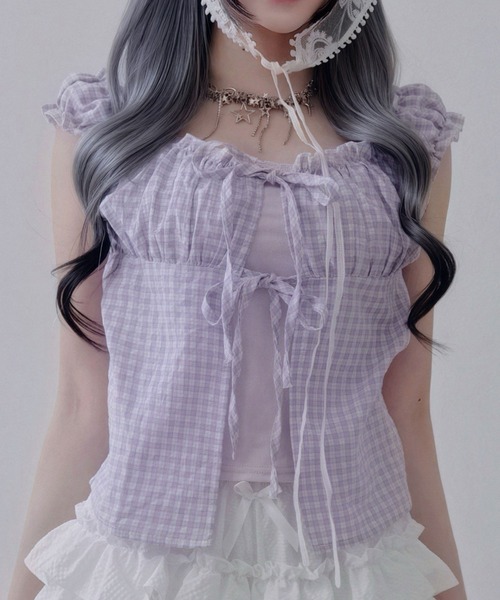 Diable baiser（ディアブルベーゼ）の「チェック柄 フロントリボン キャミドッキング シャツ / レイヤード風 ボレロ風 短丈（シャツ/ブラウス・レディース・ブラック/サックスブルー/ラベンダー・FREE）」の3枚目の写真