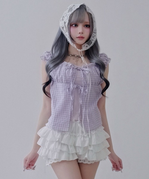 Diable baiser（ディアブルベーゼ）の「チェック柄 フロントリボン キャミドッキング シャツ / レイヤード風 ボレロ風 短丈（シャツ/ブラウス・レディース・ブラック/サックスブルー/ラベンダー・FREE）」の7枚目の写真