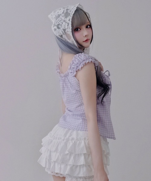 Diable baiser（ディアブルベーゼ）の「チェック柄 フロントリボン キャミドッキング シャツ / レイヤード風 ボレロ風 短丈（シャツ/ブラウス・レディース・ブラック/サックスブルー/ラベンダー・FREE）」の9枚目の写真