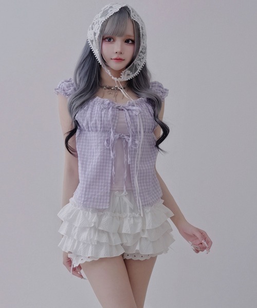 Diable baiser（ディアブルベーゼ）の「チェック柄 フロントリボン キャミドッキング シャツ / レイヤード風 ボレロ風 短丈（シャツ/ブラウス・レディース・ブラック/サックスブルー/ラベンダー・FREE）」の10枚目の写真