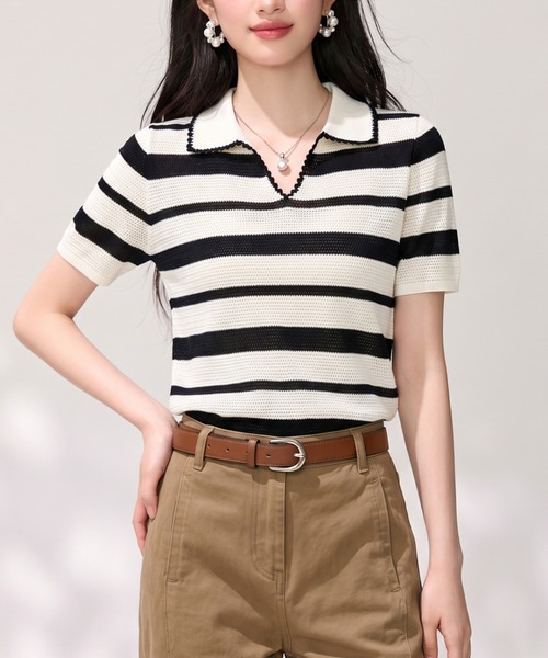 LUCPY(ラクピー)の「ボーダーポロニットトップス(その他トップス・レディース・ホワイト×ブラック・X-LARGE/LARGE/MEDIUM/SMALL)」の1枚目の写真