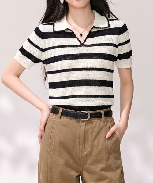 LUCPY(ラクピー)の「ボーダーポロニットトップス(その他トップス・レディース・ホワイト×ブラック・X-LARGE/LARGE/MEDIUM/SMALL)」の2枚目の写真