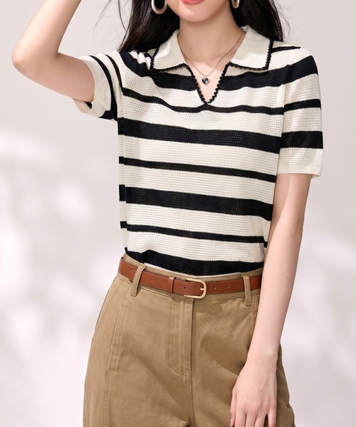 LUCPY(ラクピー)の「ボーダーポロニットトップス(その他トップス・レディース・ホワイト×ブラック・X-LARGE/LARGE/MEDIUM/SMALL)」の3枚目の写真