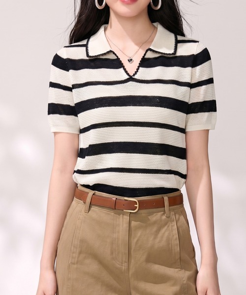 LUCPY(ラクピー)の「ボーダーポロニットトップス(その他トップス・レディース・ホワイト×ブラック・X-LARGE/LARGE/MEDIUM/SMALL)」の4枚目の写真