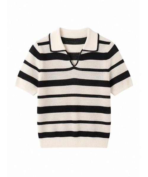 LUCPY(ラクピー)の「ボーダーポロニットトップス(その他トップス・レディース・ホワイト×ブラック・X-LARGE/LARGE/MEDIUM/SMALL)」の5枚目の写真