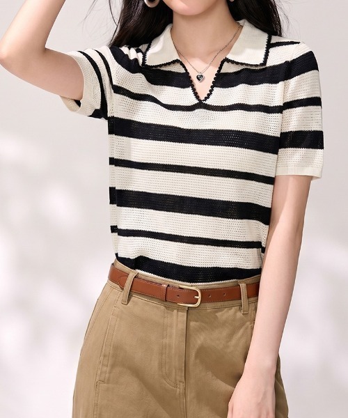 LUCPY(ラクピー)の「ボーダーポロニットトップス(その他トップス・レディース・ホワイト×ブラック・X-LARGE/LARGE/MEDIUM/SMALL)」の6枚目の写真