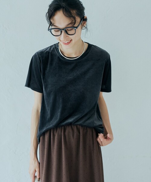 coen（コーエン）の「シアーベロア コンパクト半袖Tシャツ（Tシャツ/カットソー・レディース・ワインレッド/ダークグレー/マスタード・M/L）」の2枚目の写真