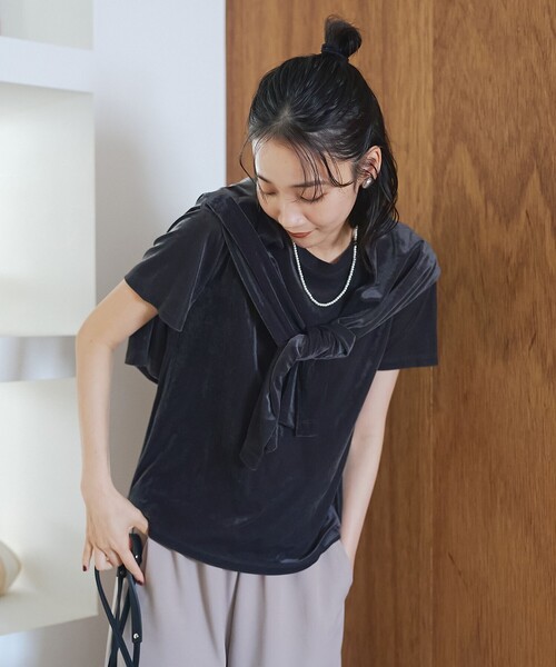 coen（コーエン）の「シアーベロア コンパクト半袖Tシャツ（Tシャツ/カットソー・レディース・ワインレッド/ダークグレー/マスタード・M/L）」の7枚目の写真