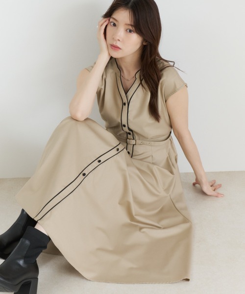 MISCH MASCH(ミッシュマッシュ)の「2026秋冬新作 配色ラインフレンチスリーブワンピース(ワンピース・レディース・ワイン/ブラック/キャメル・S/M)」の3枚目の写真
