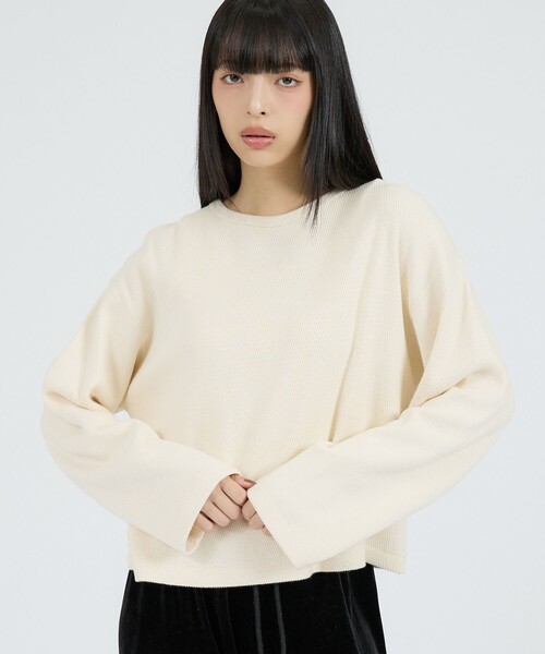 Healthknit(ヘルスニット)の「【Healthknit/ヘルスニット】サーマルキング ハニカムクロップドクルー/(Tシャツ/カットソー・レディース・ボルドー/オフホワイト/ブラック・フリー)」の2枚目の写真