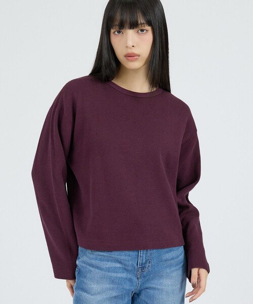 Healthknit(ヘルスニット)の「【Healthknit/ヘルスニット】サーマルキング ハニカムクロップドクルー/(Tシャツ/カットソー・レディース・ボルドー/オフホワイト/ブラック・フリー)」の3枚目の写真