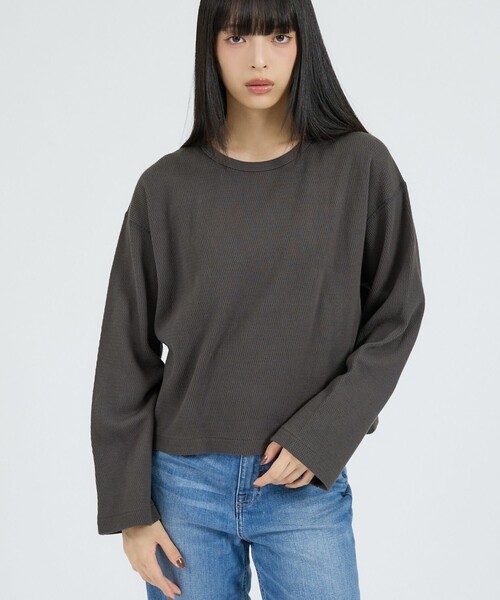 Healthknit(ヘルスニット)の「【Healthknit/ヘルスニット】サーマルキング ハニカムクロップドクルー/(Tシャツ/カットソー・レディース・ボルドー/オフホワイト/ブラック・フリー)」の1枚目の写真