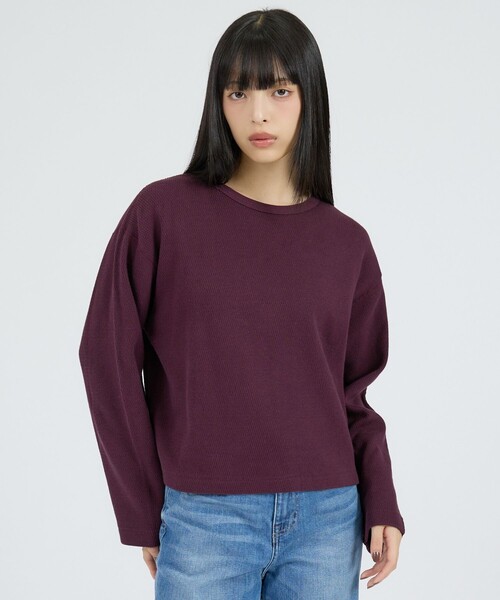 Healthknit(ヘルスニット)の「【Healthknit/ヘルスニット】サーマルキング ハニカムクロップドクルー/(Tシャツ/カットソー・レディース・ボルドー/オフホワイト/ブラック・フリー)」の11枚目の写真