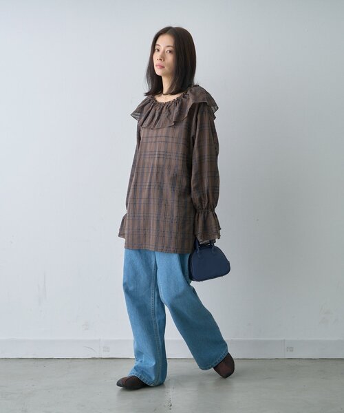 CIAOPANIC TYPY(チャオパニックティピー)の「∴【前後2way】深Vアソートチェックラッフルブラウス(シャツ/ブラウス・レディース・ホワイト/ブラック/ブラウン/グリーン・ONE SIZE)」の7枚目の写真