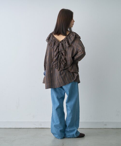 CIAOPANIC TYPY(チャオパニックティピー)の「∴【前後2way】深Vアソートチェックラッフルブラウス(シャツ/ブラウス・レディース・ホワイト/ブラック/ブラウン/グリーン・ONE SIZE)」の9枚目の写真