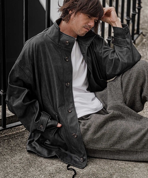 CAMBIO(カンビオ)の「mj11796-Synthetic Leather Stand Collar Jacket スタンドカラージャケット(PF-262-019)(その他アウター・メンズ・ブラック/カーキ・S/M/L)」の5枚目の写真