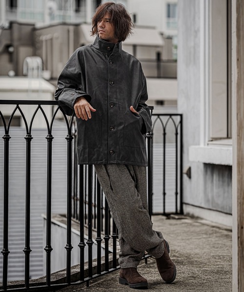CAMBIO(カンビオ)の「mj11796-Synthetic Leather Stand Collar Jacket スタンドカラージャケット(PF-262-019)(その他アウター・メンズ・ブラック/カーキ・S/M/L)」の7枚目の写真