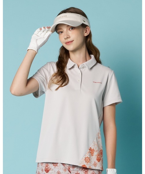 VIVA HEART(ビバハート)の「【VIVA HEART/GOLF】 ノーティカルチャートプリント 半袖ポロシャツ(ポロシャツ・レディース・ベージュ/ネイビー・42)」の1枚目の写真