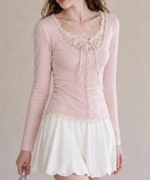 フリル Uネック レース フリル ボタン フェイクレイヤード長袖Tシャツ