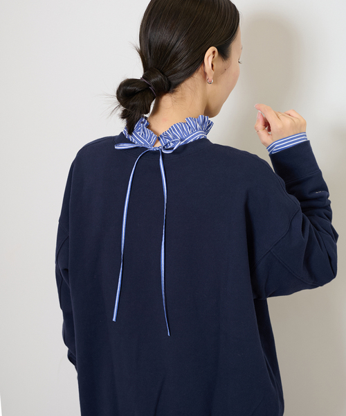 JOURNAL STANDARD relume(ジャーナルスタンダード レリューム)の「《追加》ハイカウントストライプスタンドカラー2way(シャツ/ブラウス・レディース・レッド/ホワイト系その他/ブルー・FREE)」の2枚目の写真