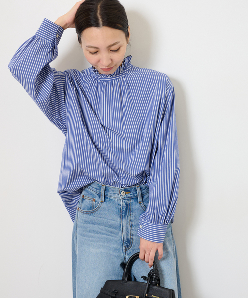 JOURNAL STANDARD relume(ジャーナルスタンダード レリューム)の「《追加》ハイカウントストライプスタンドカラー2way(シャツ/ブラウス・レディース・レッド/ホワイト系その他/ブルー・FREE)」の21枚目の写真
