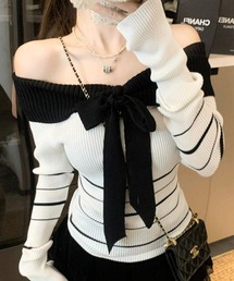 ニットトップス 蝶々 リブオフショルダー 配色リボンボーダー 長袖 【オフィスカジュアル】【きれいめカジュアル】 レディース韓国風 春服 秋服 冬服