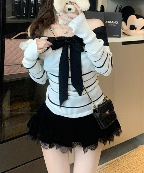 SEU(エスイーユー)の「ニットトップス 蝶々 リブオフショルダー 配色リボンボーダー 長袖 【オフィスカジュアル】【きれいめカジュアル】 レディース韓国風 春服 秋服 冬服(ニット/セーター・レディース・ブルー/ホワイト/ブラウン・フリー)」の7枚目の写真