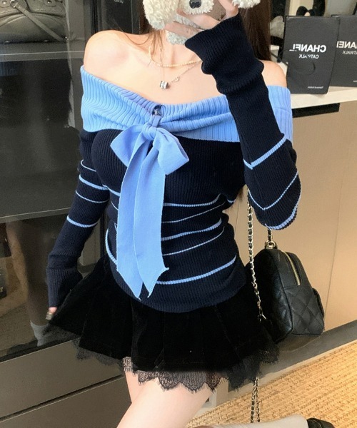 SEU(エスイーユー)の「ニットトップス 蝶々 リブオフショルダー 配色リボンボーダー 長袖 【オフィスカジュアル】【きれいめカジュアル】 レディース韓国風 春服 秋服 冬服(ニット/セーター・レディース・ブルー/ホワイト/ブラウン・フリー)」の14枚目の写真