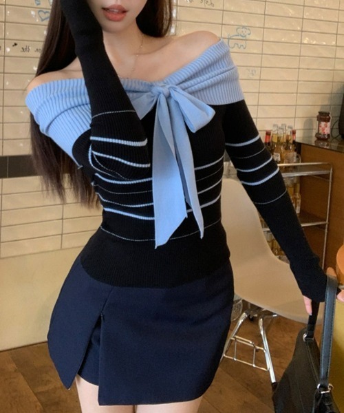 SEU(エスイーユー)の「ニットトップス 蝶々 リブオフショルダー 配色リボンボーダー 長袖 【オフィスカジュアル】【きれいめカジュアル】 レディース韓国風 春服 秋服 冬服(ニット/セーター・レディース・ブルー/ホワイト/ブラウン・フリー)」の15枚目の写真