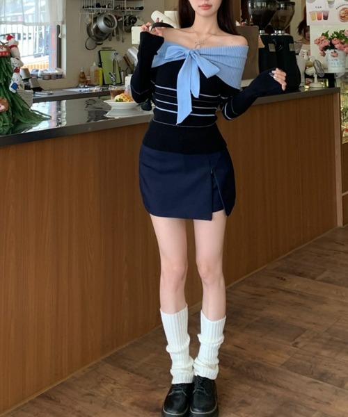 SEU(エスイーユー)の「ニットトップス 蝶々 リブオフショルダー 配色リボンボーダー 長袖 【オフィスカジュアル】【きれいめカジュアル】 レディース韓国風 春服 秋服 冬服(ニット/セーター・レディース・ブルー/ホワイト/ブラウン・フリー)」の16枚目の写真