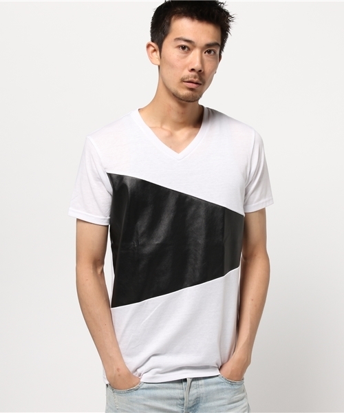 VENCEEXCHANGE（ヴァンスエクスチェンジ）の「PU斜め切り替えTシャツ    （Tシャツ/カットソー・メンズ・オフホワイト/ブラック・LARGE/MEDIUM）」の7枚目の写真