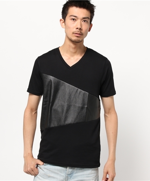 VENCEEXCHANGE（ヴァンスエクスチェンジ）の「PU斜め切り替えTシャツ    （Tシャツ/カットソー・メンズ・オフホワイト/ブラック・LARGE/MEDIUM）」の8枚目の写真