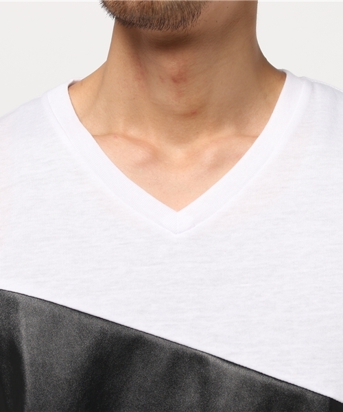 VENCEEXCHANGE（ヴァンスエクスチェンジ）の「PU斜め切り替えTシャツ    （Tシャツ/カットソー・メンズ・オフホワイト/ブラック・LARGE/MEDIUM）」の4枚目の写真