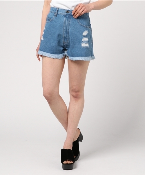 KOBE LETTUCE（コウベレタス）の「取り入れるだけでこなれ感UP！[XS/S/M]裾フリンジ☆ハイウエストダメージデニムショートパンツ/ボトムス/レディース[M1787]（デニムパンツ・レディース・オフホワイト/ブルー/ライトブルー・M/S/XS）」の2枚目の写真